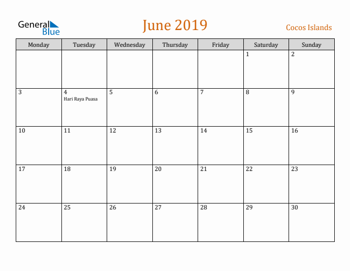 June 2019 Holiday Calendar with Monday Start