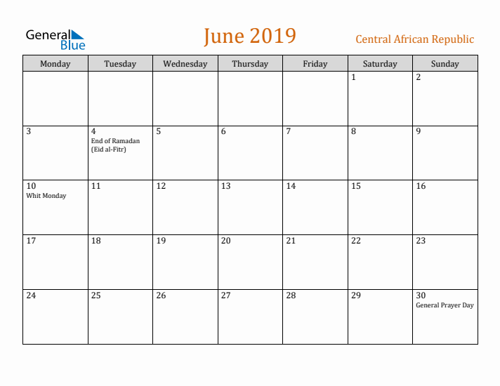 June 2019 Holiday Calendar with Monday Start