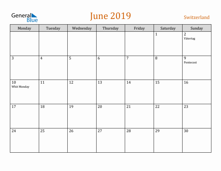 June 2019 Holiday Calendar with Monday Start