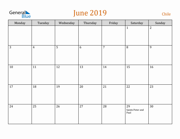 June 2019 Holiday Calendar with Monday Start