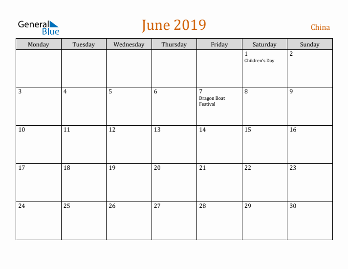 June 2019 Holiday Calendar with Monday Start