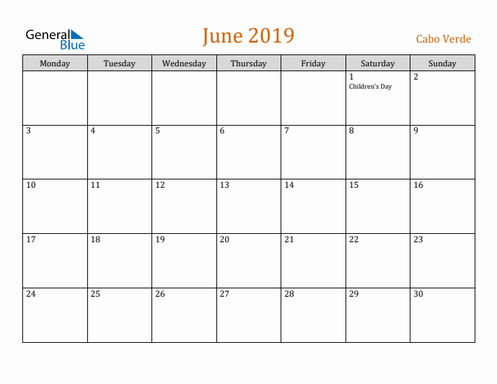 June 2019 Holiday Calendar with Monday Start