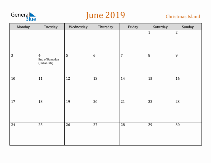 June 2019 Holiday Calendar with Monday Start