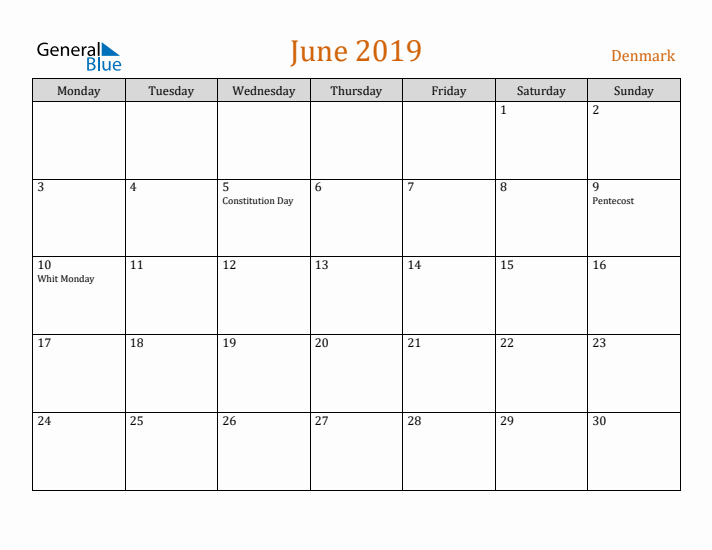 June 2019 Holiday Calendar with Monday Start