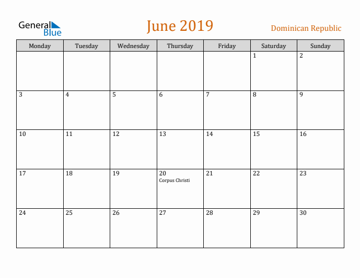 June 2019 Holiday Calendar with Monday Start