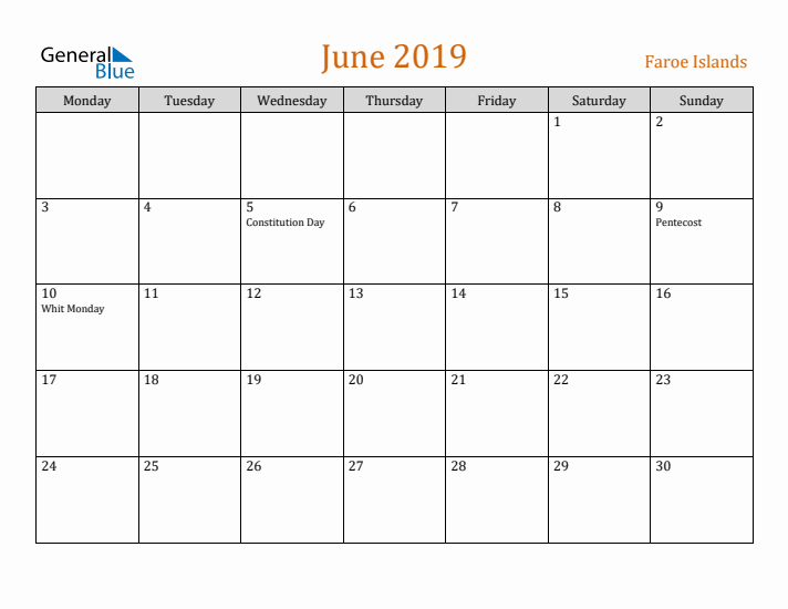 June 2019 Holiday Calendar with Monday Start