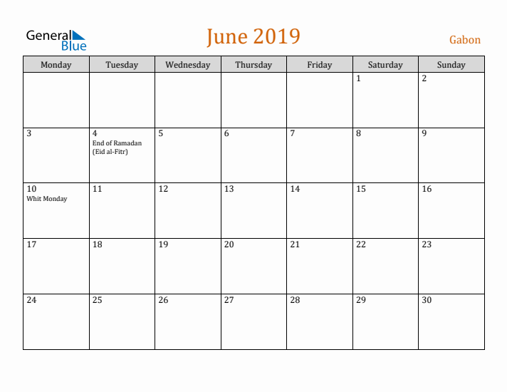 June 2019 Holiday Calendar with Monday Start