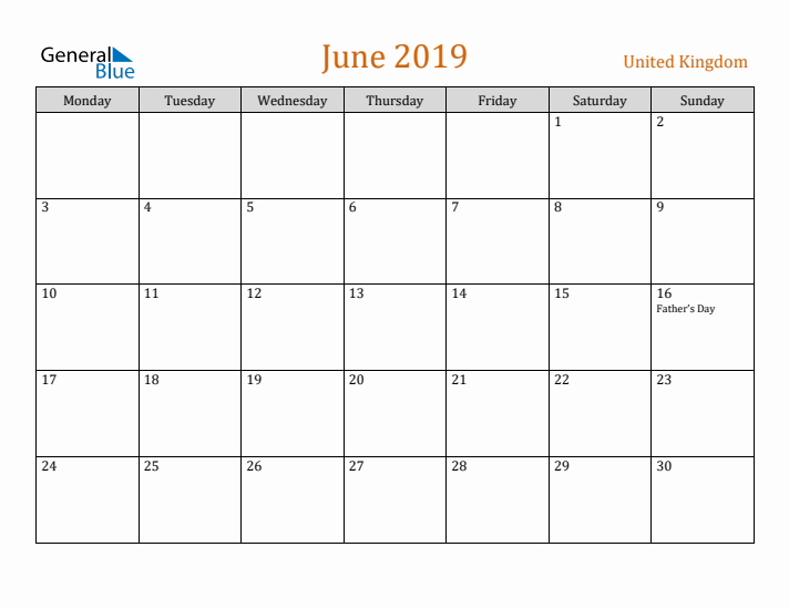 June 2019 Holiday Calendar with Monday Start