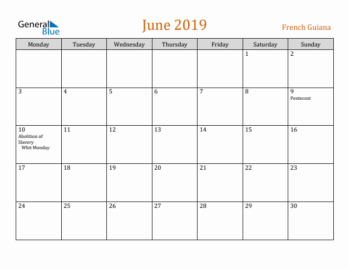 June 2019 Holiday Calendar with Monday Start