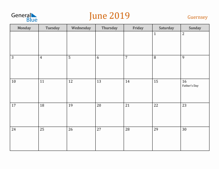 June 2019 Holiday Calendar with Monday Start