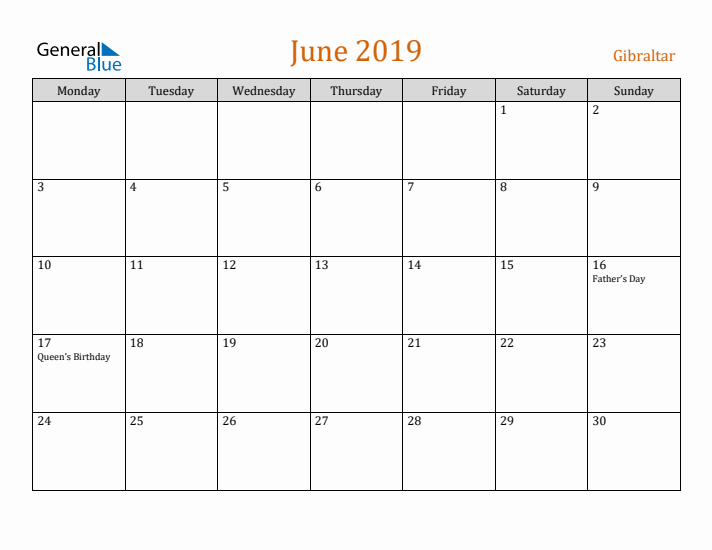 June 2019 Holiday Calendar with Monday Start