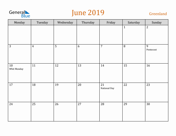 June 2019 Holiday Calendar with Monday Start