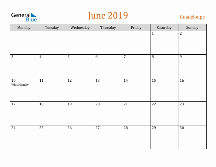 June 2019 Holiday Calendar with Monday Start