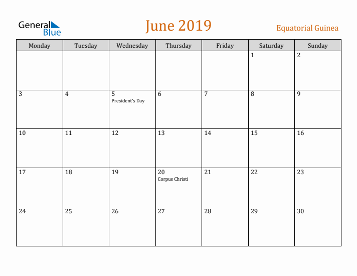 June 2019 Holiday Calendar with Monday Start