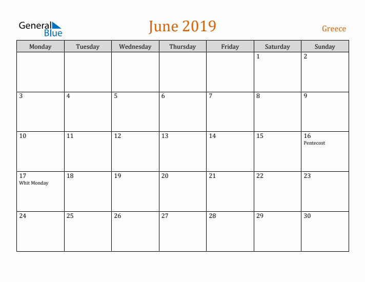 June 2019 Holiday Calendar with Monday Start