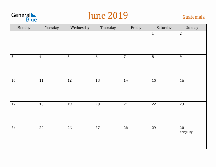 June 2019 Holiday Calendar with Monday Start