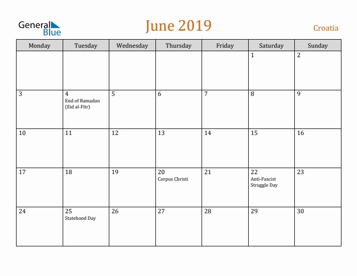 June 2019 Holiday Calendar with Monday Start