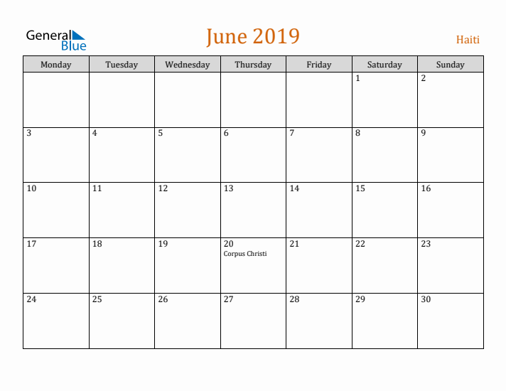 June 2019 Holiday Calendar with Monday Start