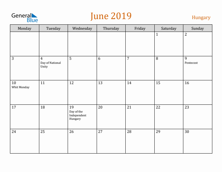 June 2019 Holiday Calendar with Monday Start