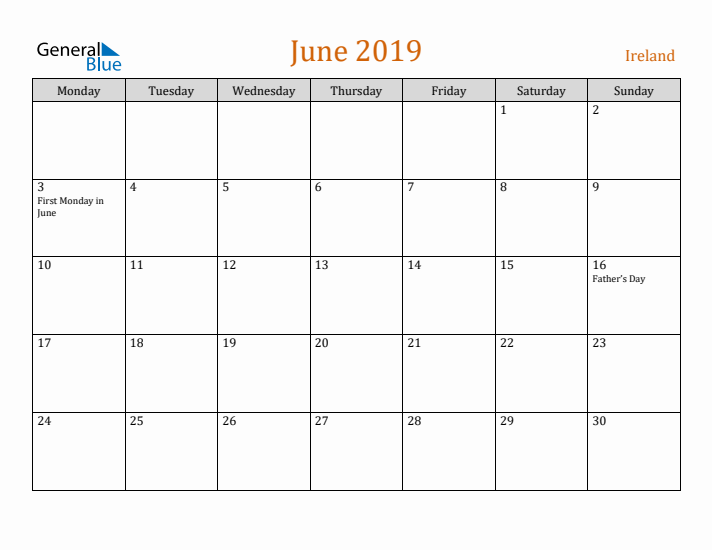 June 2019 Holiday Calendar with Monday Start