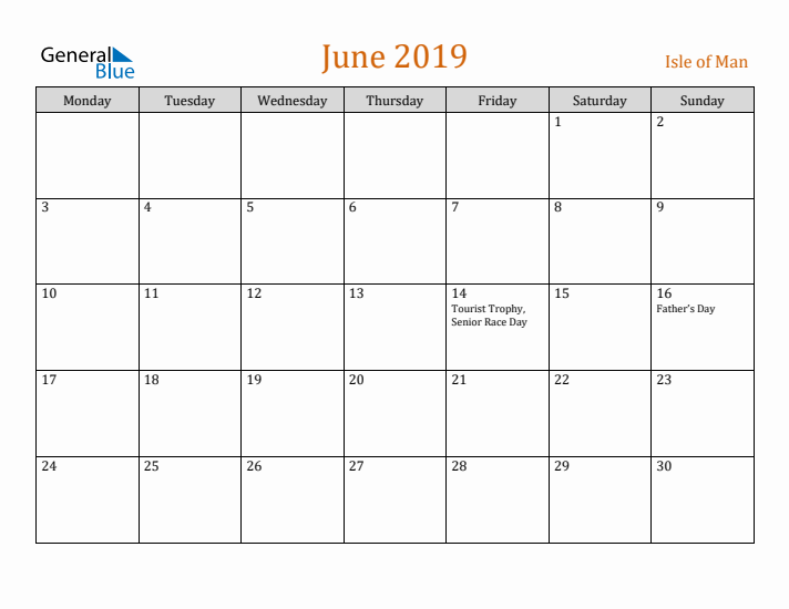 June 2019 Holiday Calendar with Monday Start