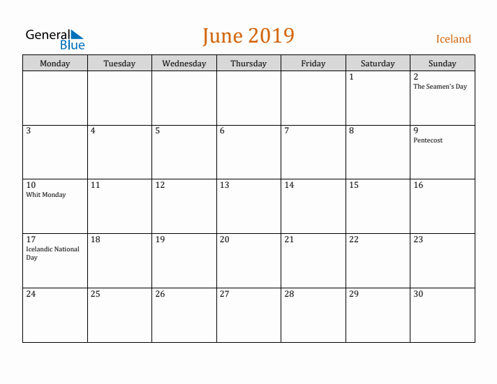 June 2019 Holiday Calendar with Monday Start