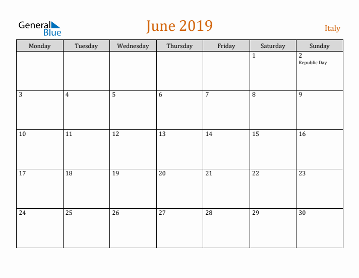 June 2019 Holiday Calendar with Monday Start