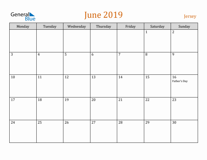 June 2019 Holiday Calendar with Monday Start