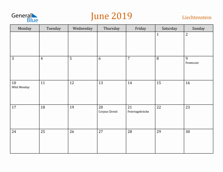 June 2019 Holiday Calendar with Monday Start