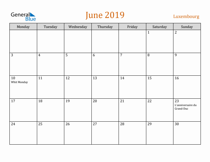 June 2019 Holiday Calendar with Monday Start