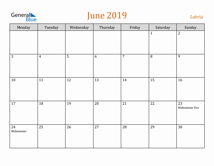 June 2019 Holiday Calendar with Monday Start