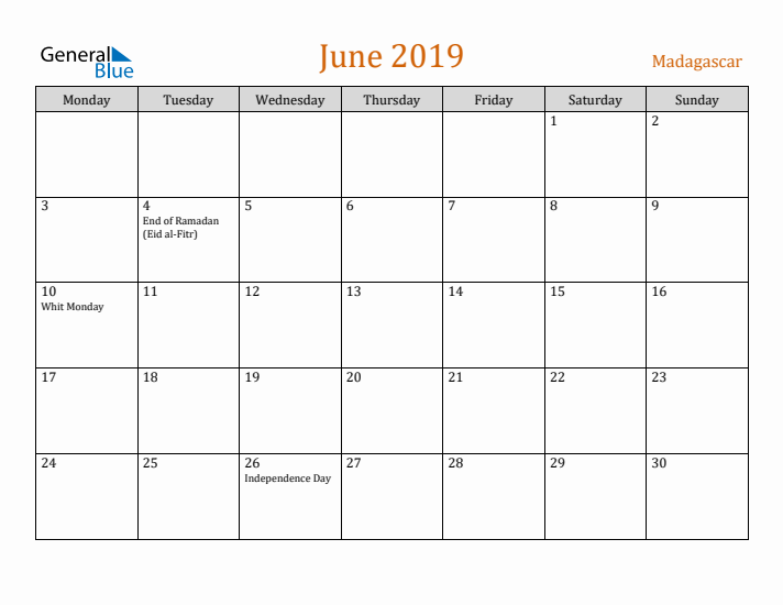 June 2019 Holiday Calendar with Monday Start