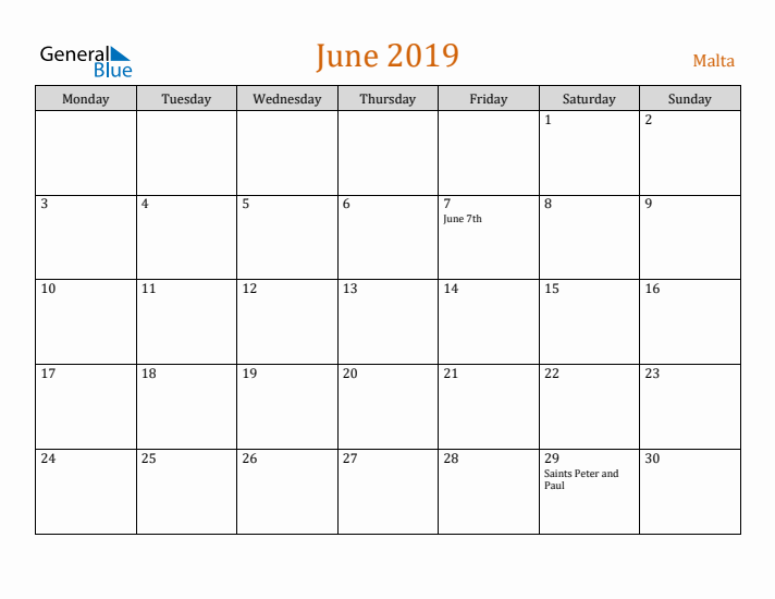 June 2019 Holiday Calendar with Monday Start