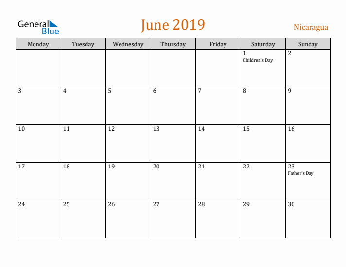 June 2019 Holiday Calendar with Monday Start