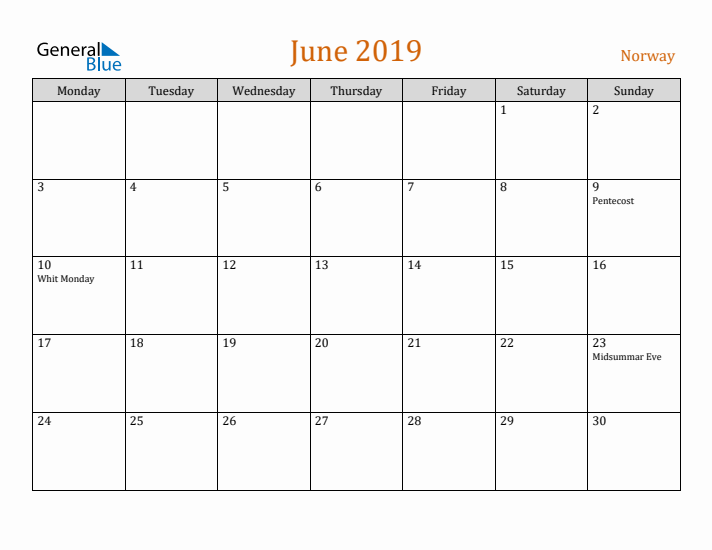 June 2019 Holiday Calendar with Monday Start