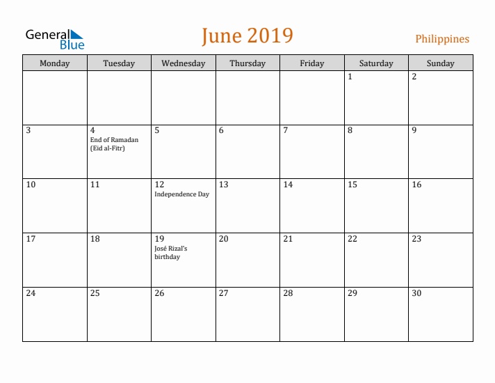 June 2019 Holiday Calendar with Monday Start