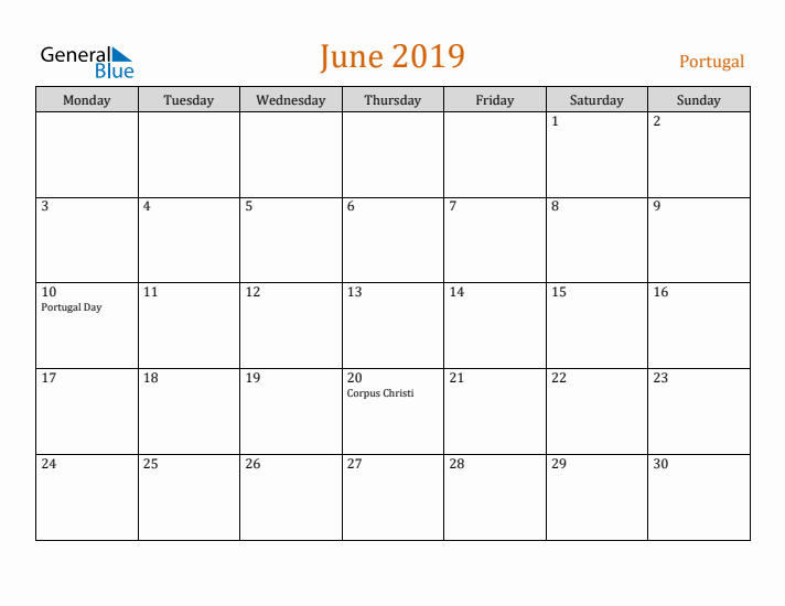 June 2019 Holiday Calendar with Monday Start