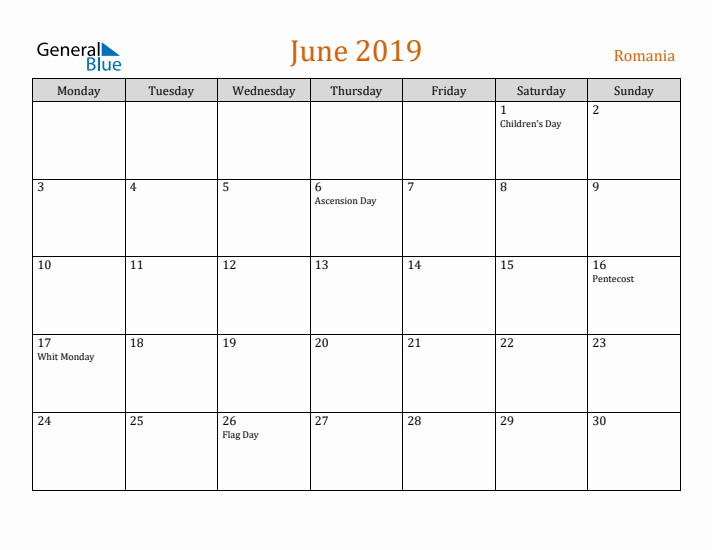 June 2019 Holiday Calendar with Monday Start