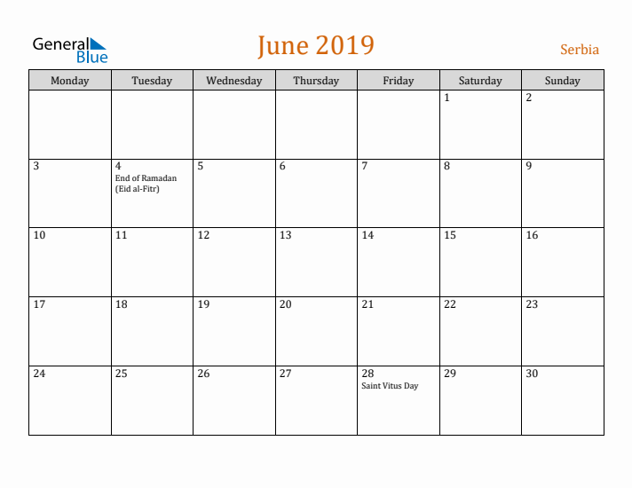 June 2019 Holiday Calendar with Monday Start