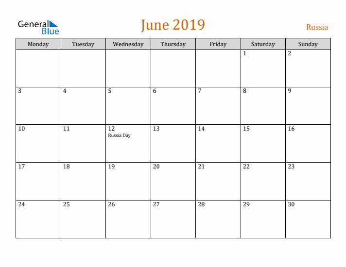 June 2019 Holiday Calendar with Monday Start