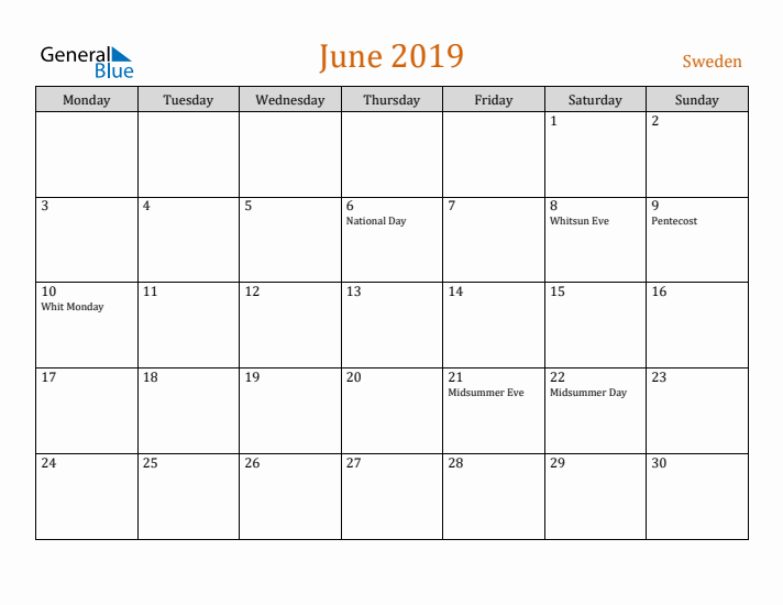 June 2019 Holiday Calendar with Monday Start