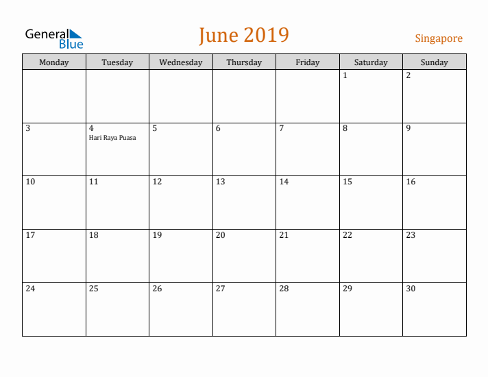 June 2019 Holiday Calendar with Monday Start