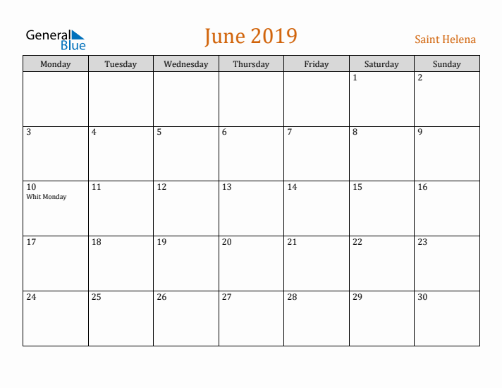 June 2019 Holiday Calendar with Monday Start