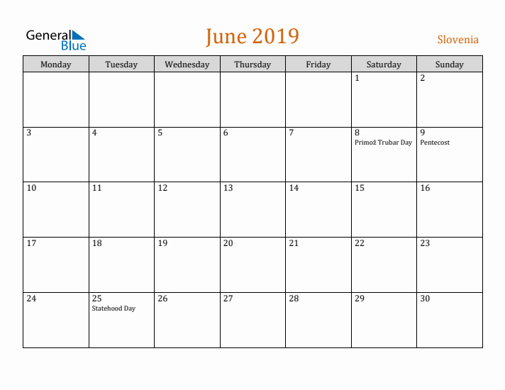 June 2019 Holiday Calendar with Monday Start