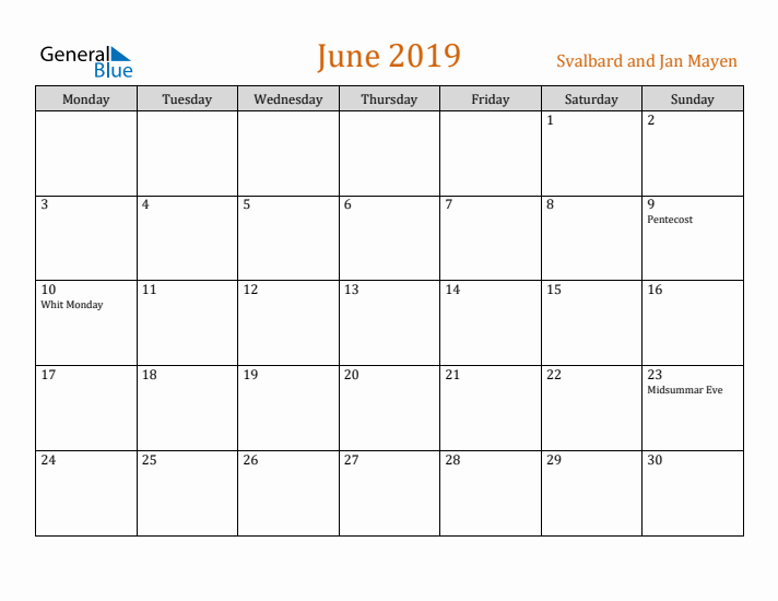 June 2019 Holiday Calendar with Monday Start