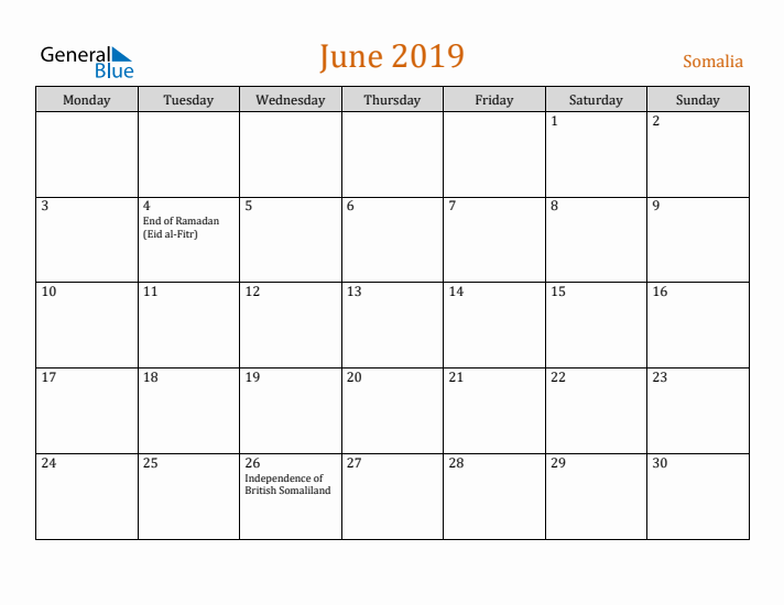 June 2019 Holiday Calendar with Monday Start