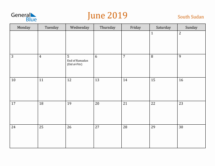 June 2019 Holiday Calendar with Monday Start