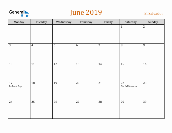 June 2019 Holiday Calendar with Monday Start