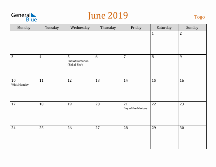 June 2019 Holiday Calendar with Monday Start