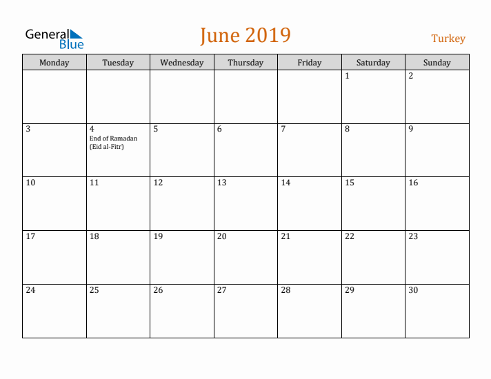 June 2019 Holiday Calendar with Monday Start